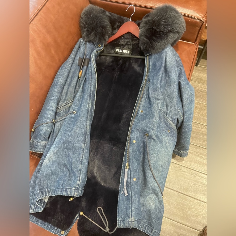 Periluxe rabbit fur and fox fur trimmed denim parka. Size small.
